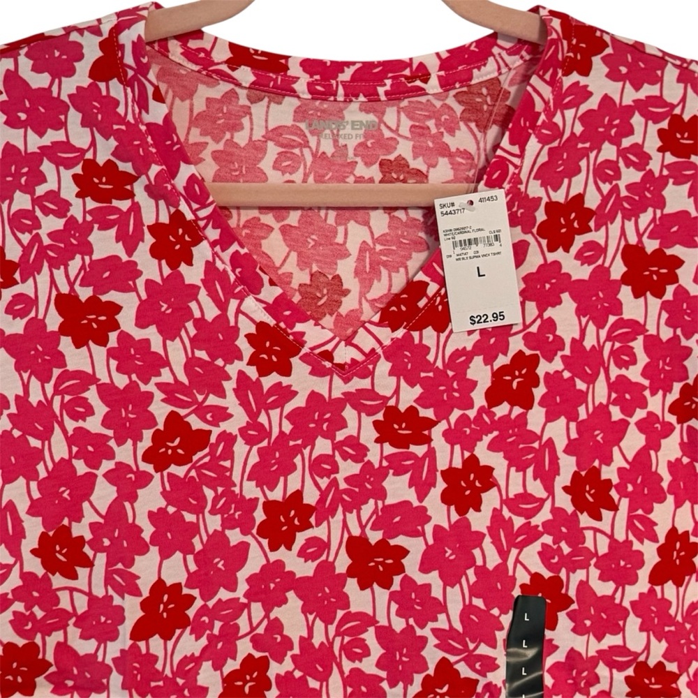 Land’s End Relaxed V Neck White Cardinal Floral Short Sleeve Top Size Large NWT
